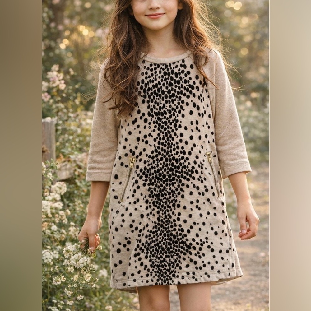 Crewcuts Girls Dress Size 10 Beige Black Dot Print Zipper Pockets #0057